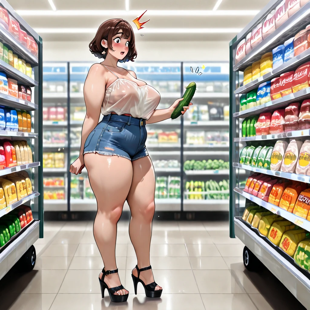 Masterpiece, best quality, Masterpiece, best quality, 1 woman, long straight brown hair , sly face , tank top , underwear , big breasts , abdomen , Long legs , hands on hips , Barefoot , convenience store