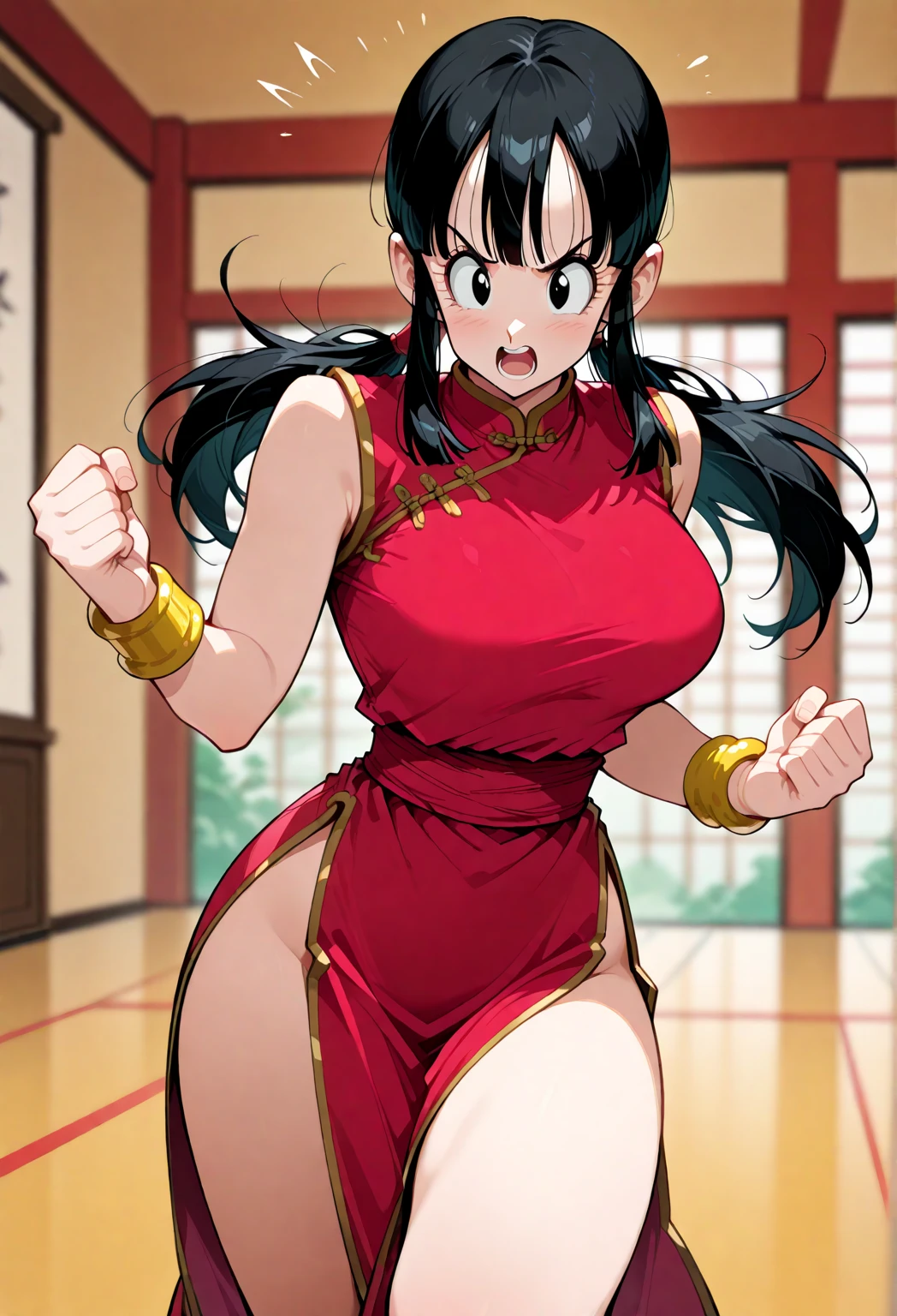 nsfw, score_9, score_8_superior, score_7_superior, anime,Dragon Ball Chichi, Who is who?, Iris, Black Hair, Long Hair, Hime cut, Blunt bangs, Side Lock, china dress, ponytail, Red wristband, Side slits,  Very beautiful long legs, Perfect Face, Perfect hands, Perfect Fingers, Puffy nipples, Pussy juice, Sexual Ecstasy, trembling, foot focus, squatting, arms behind head