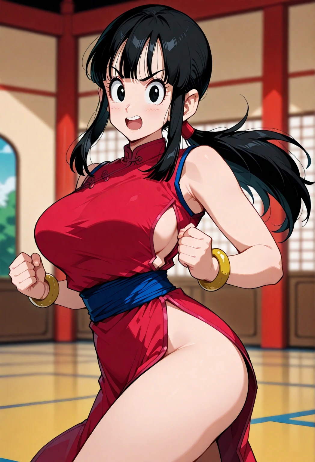 work of art, best qualityer, highest quallity, photorrealistic, Perfect Anatomia, face perfect, perfects eyes,
dbzch1ch1, side locks, bangss, single hair bun, hair bun, (eyes black), red ball earrings , Red bracelets, pose sexy, completely naked
