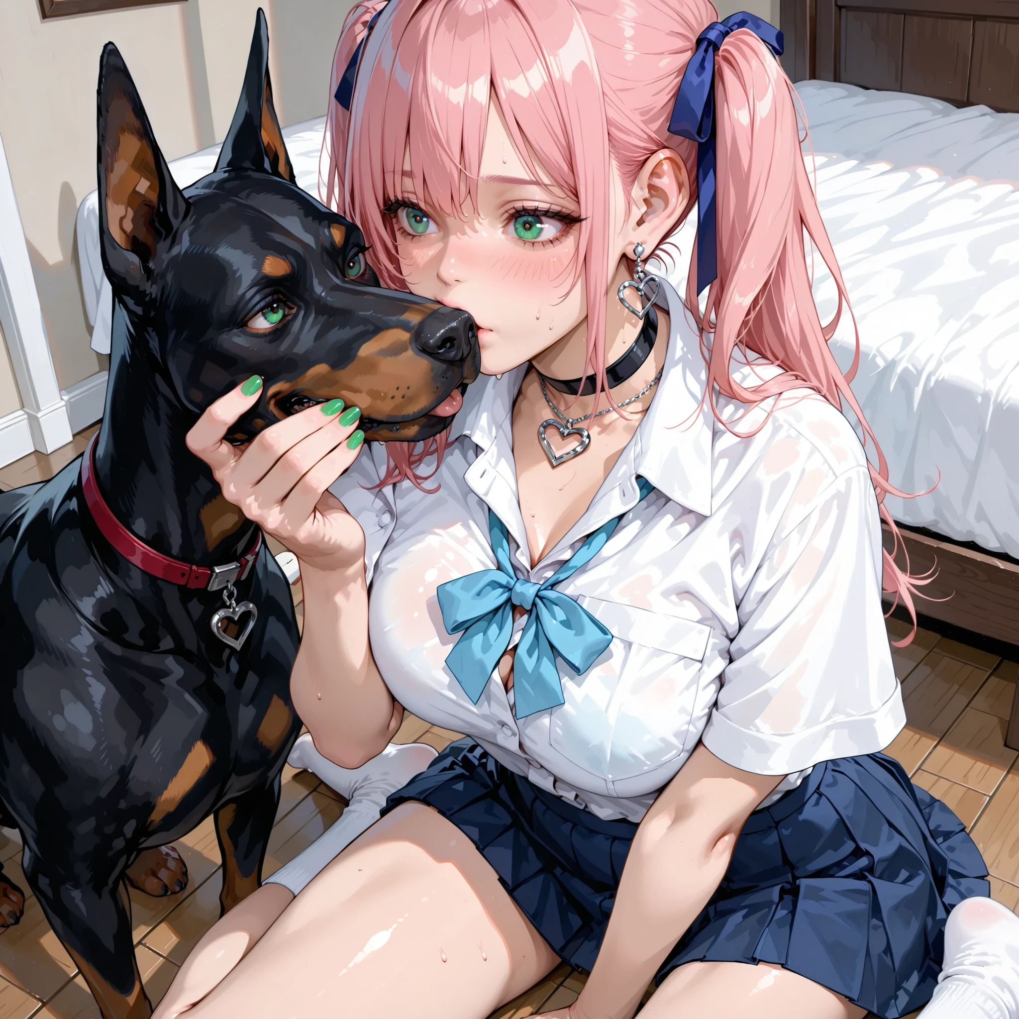 Daytime、Home Bedroom、The bedroom wall is white、 the floor is white 、sitting on the floor、one girl、white short sleeve school shirt with no pattern、nothing blue school ribbon、Nothing Blue School Skirt、black choker with heart pendant、heart shaped silver earrings、without earrings、pink hair、twin tails、Green Eyes、Big Natural Breasts、sexy body 、white loose socks、the girl doesn't have a tail、estrus、Blush、Side-eyed、masterpiece、top quality、not fixed:1.5、Fingers are beautiful、nails are beautiful、Nail color is green、one animal、The animal Doberman、The animal Dobermanは床にうつ伏せ、The animal Dobermanは少女の股間を見る、dog licks girl's face、