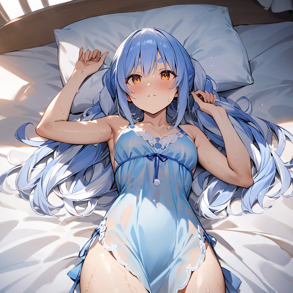 (masterpiece, best quality)a girl,((spread legs))),blush,((Completely pure white bikini)),Sweated a lot,Bikini half-covered,small breasts,Lying on a pure white bed,detail,(Completely soaked,completely wet),Awkward,surprise,Extreme shyness,doubt