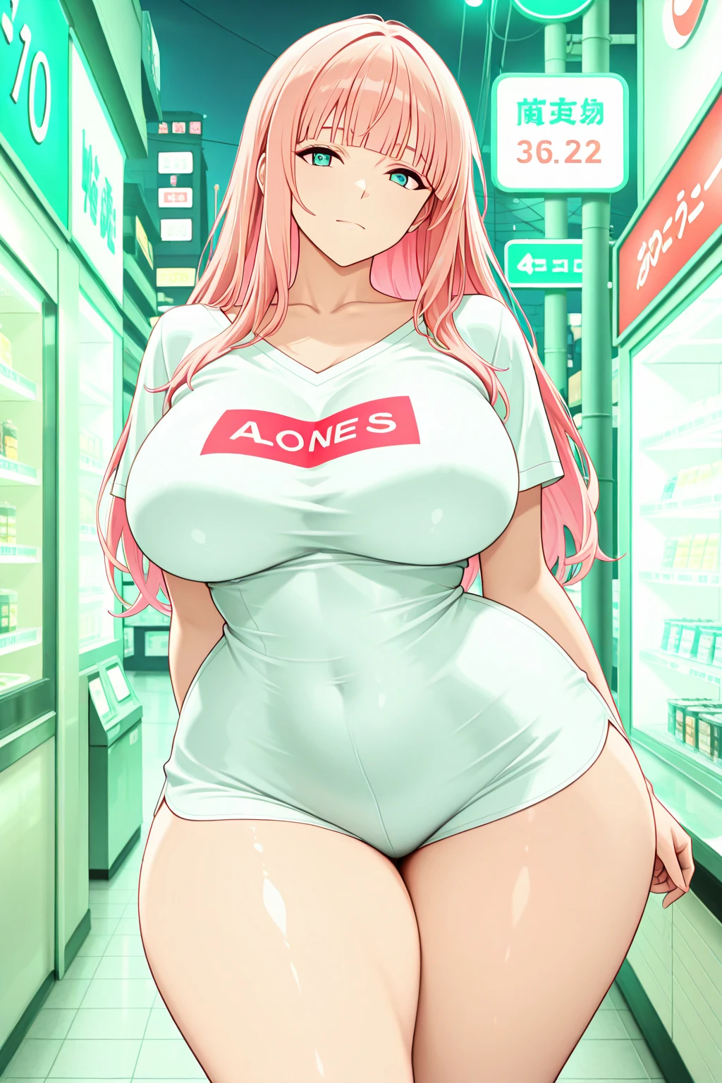 photo of kawaii jpn-jk, empty eyes Running, wearing nothing, big anime eyes, , shiny hair, bare-skin, navel, the groin, BREAK in front of convenience store, large breasts、 Nipples, nsfw