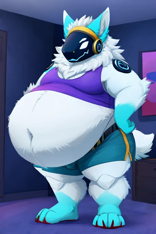 hi res,(protogen), anthro, 4 fingers, bright cyan eyes, male, hyper muscles, hyper muscular male, erect dick in boxers, almost naked (only underwear), VERY HUGE / VERY LONG detailed bulge, cum, long tail, fluffy tail, white body, inside, solo, dark room, detailed background, by milkytiger1145, by takemoto arashi, by null-ghost, cold atmosphere, crazed expression