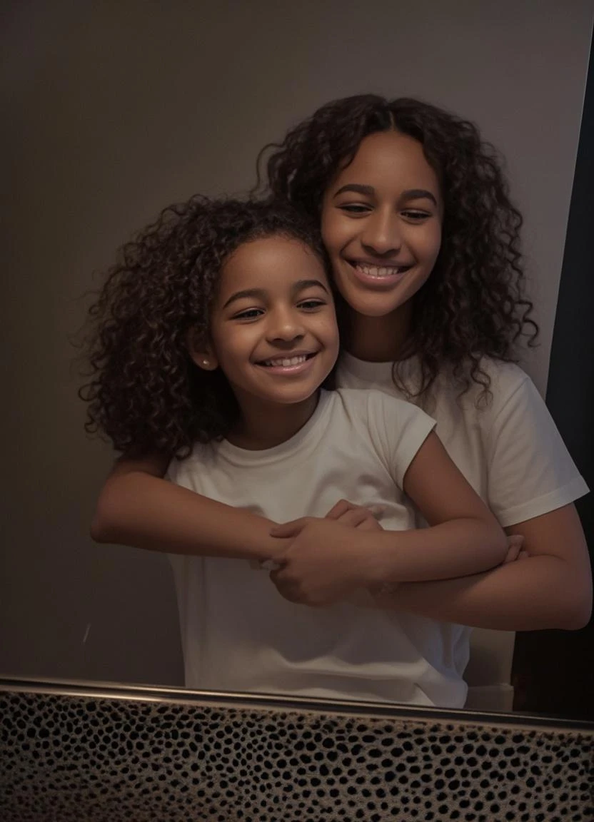 An African teenage girl fair in complexion with a long curly full hair on a white pyjamas hugging crying and hugging another African teenage girl fair in complexion with a long curly ponytail full hair wearing a white top and baggy black jeans who is also crying 😭