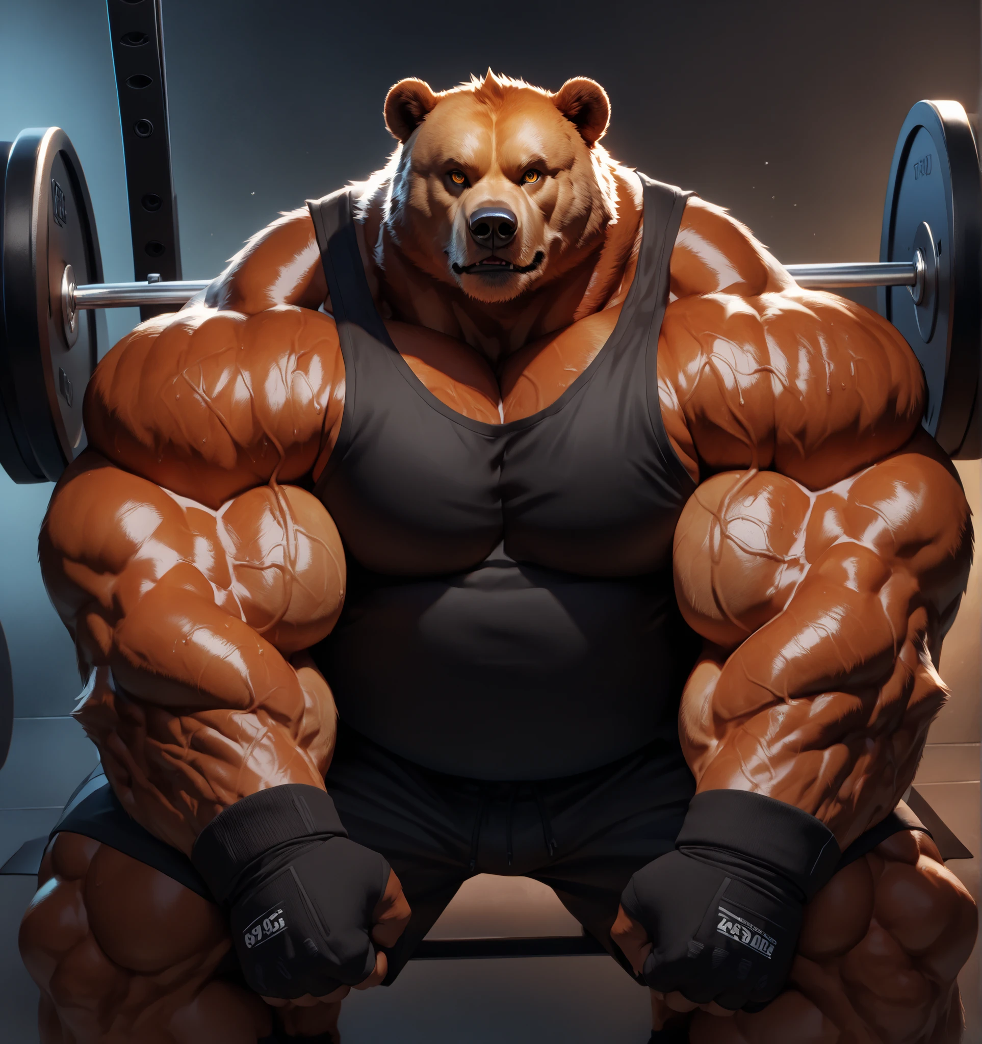 a huge muscular grizzly bear, powerful bear, bear lifting weights, bear working out, bear in a gym, bear with ripped muscles, bear with veins, bear with a determined expression, gym equipment, weight plates, barbells, sweat, dramatic lighting, cinematic composition, realistic fur texture, high detail, 8k, photorealistic, hyper detailed, intricate details