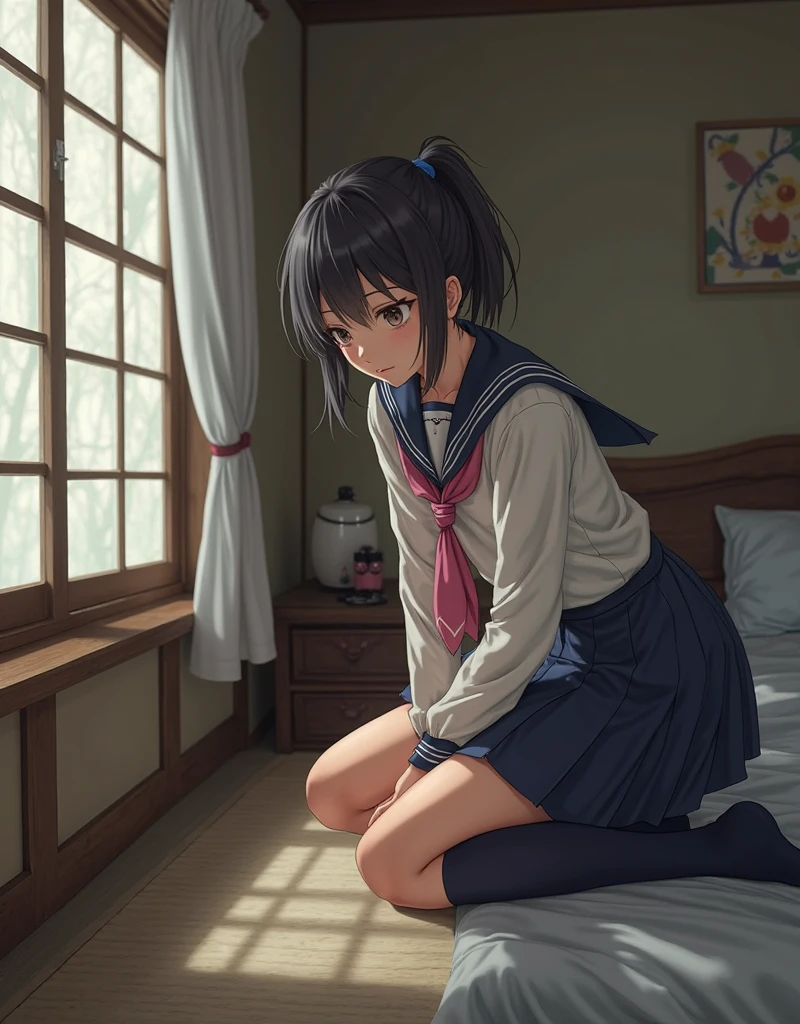 A bird's-eye view of a young boy with blue eyes wearing a white long-sleeved blouse, navy blue shorts, and white tights, leaning his elbows on a desk by the window in a Japanese-style room as the setting sun shines in, staring at the camera.