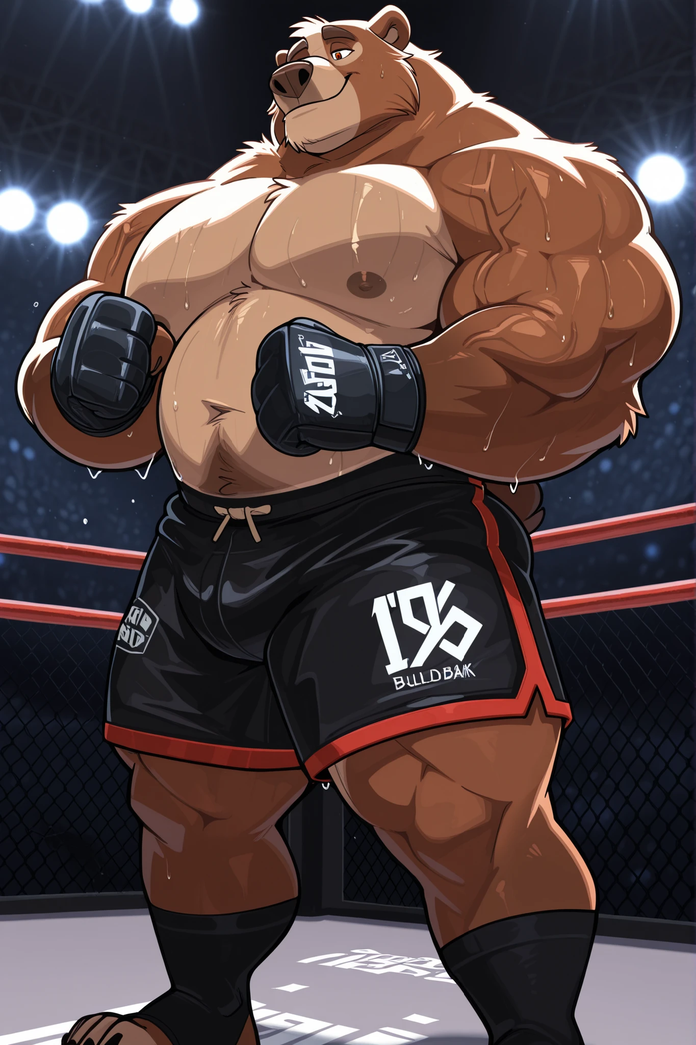 DISNEY ANIMATIONS. 8k, masterpiece, Kodiak bear, male, solo, Kodiak bear, thick, swole, overweight muscular, athletic, masculine, (nice eyes, eyes with pupils), UFC MMA gloves with red pads, black UFC MMA shorts with red lines, black toeless socks, UFC MMA UFC Tournament background, full sweaty thick swole body, veiny arms, bulging, swole, overweighted muscles, (black outline), shirtless, powerfully built, flexing his muscles off the ring, height: 220cm (7’2), 254kg (595lbs), t4r4nf1dd13r