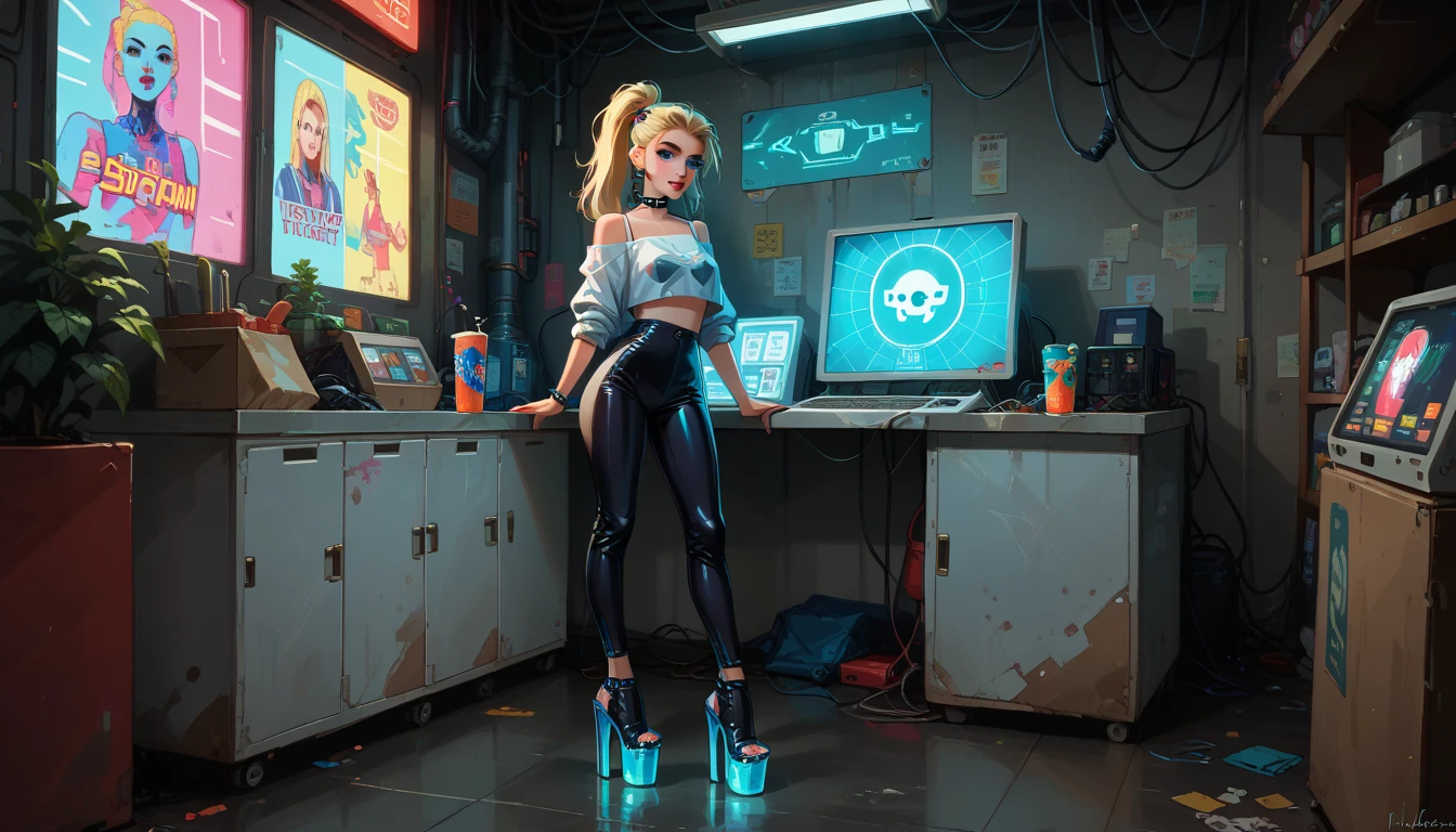 there Holly Willoughby squatting, blonde neon hair, 3 d neon art of a womans body, neon-noir background, cyberpunk femme fatale, seductive cyberpunk dark fantasy, cyberpunk strip clubs, cyberpunk 20 y. o model girl, oppai cyberpunk, banner, high definition cgsociety, cgsociety masterpiece, trending on cgstation, kda, random hair, looking at camera, gigantic breasts, cleavage, (high detailed skin:1.2), 8k uhd, dslr, super lighting, high quality, film grain, high res, highly detailed, hyper realistic, beautiful face, beautiful body, beautiful eyes nose lips, alluring expression, very bold, upper visible, full body photo, standing legs apart, pale translucent glowing skin, most beautiful face, cute, (well defined pubic hair:1.2)), (dark plain black background:1.4))