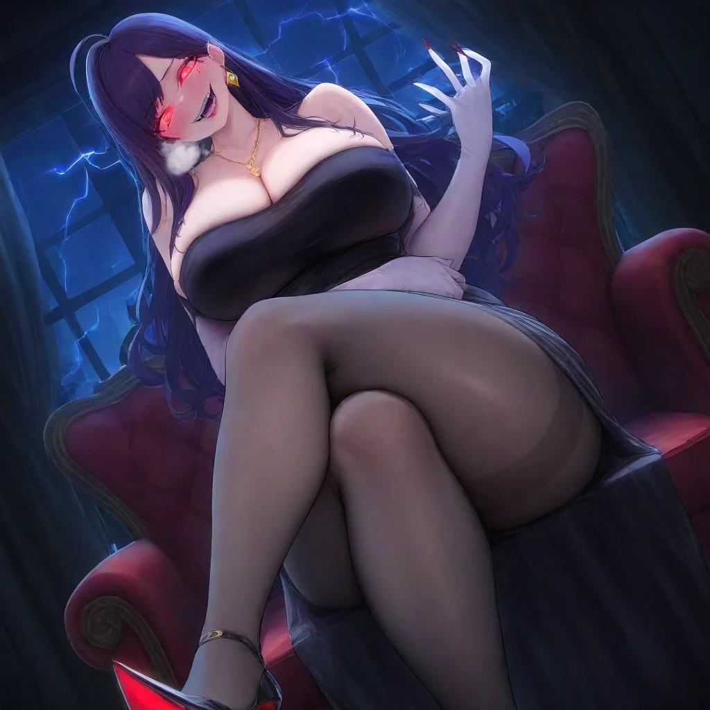 1 girl, mature girl, elf ears, vampire queen, long black hair in ponytail, red eyes, grinning, evil smile, huge breasts, massive breasts, sitting on throne, foot, feet focus, showing bare feet, thicc, chubby body, chubby girl, 8k, highres, ultrasharp