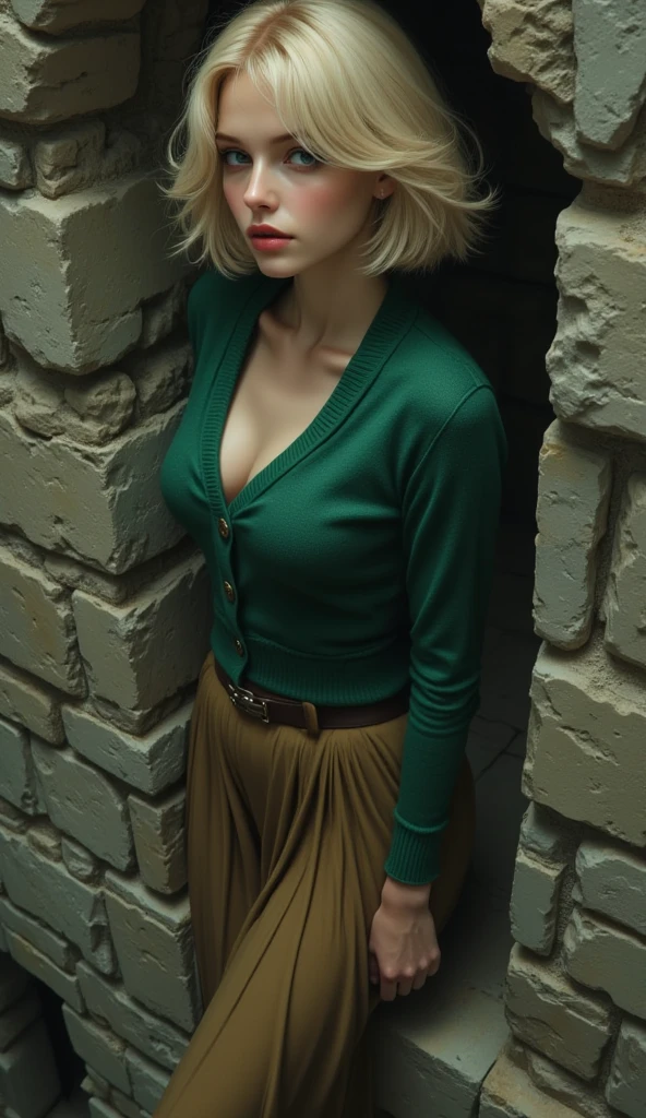 ashley blonde hair short to the cheek,Red scarf,orange shirt,green skirt to the thigh, beautiful,resident evil 4.