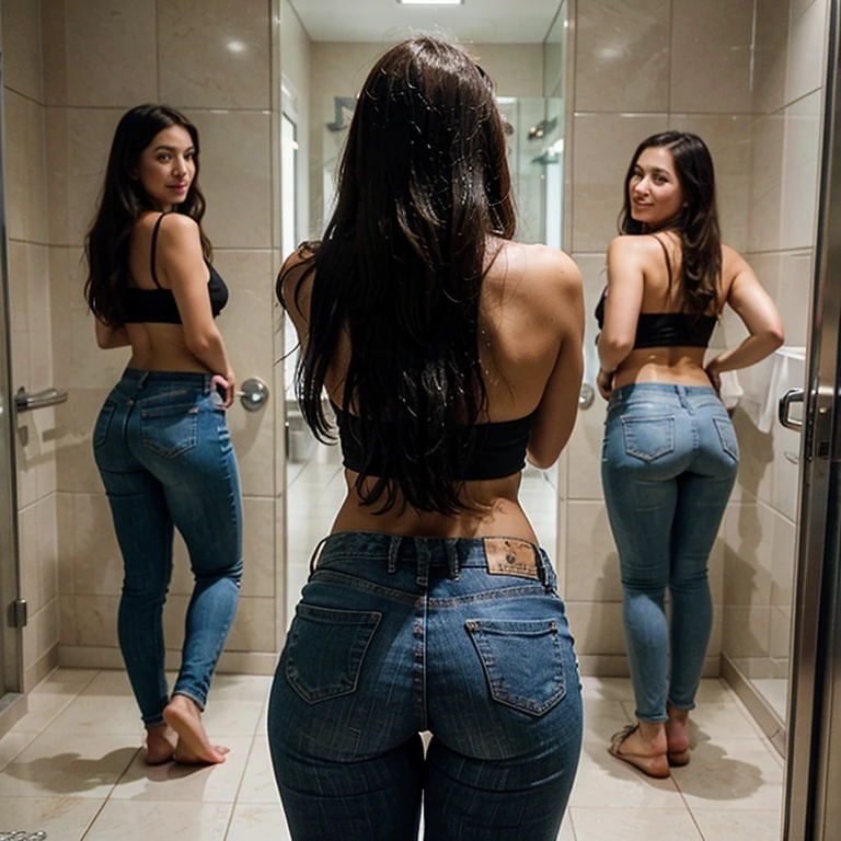 Masterpiece, Best Quality, back view, latin model, perfect body with curves, skinny blue jeans, dark bar, standing