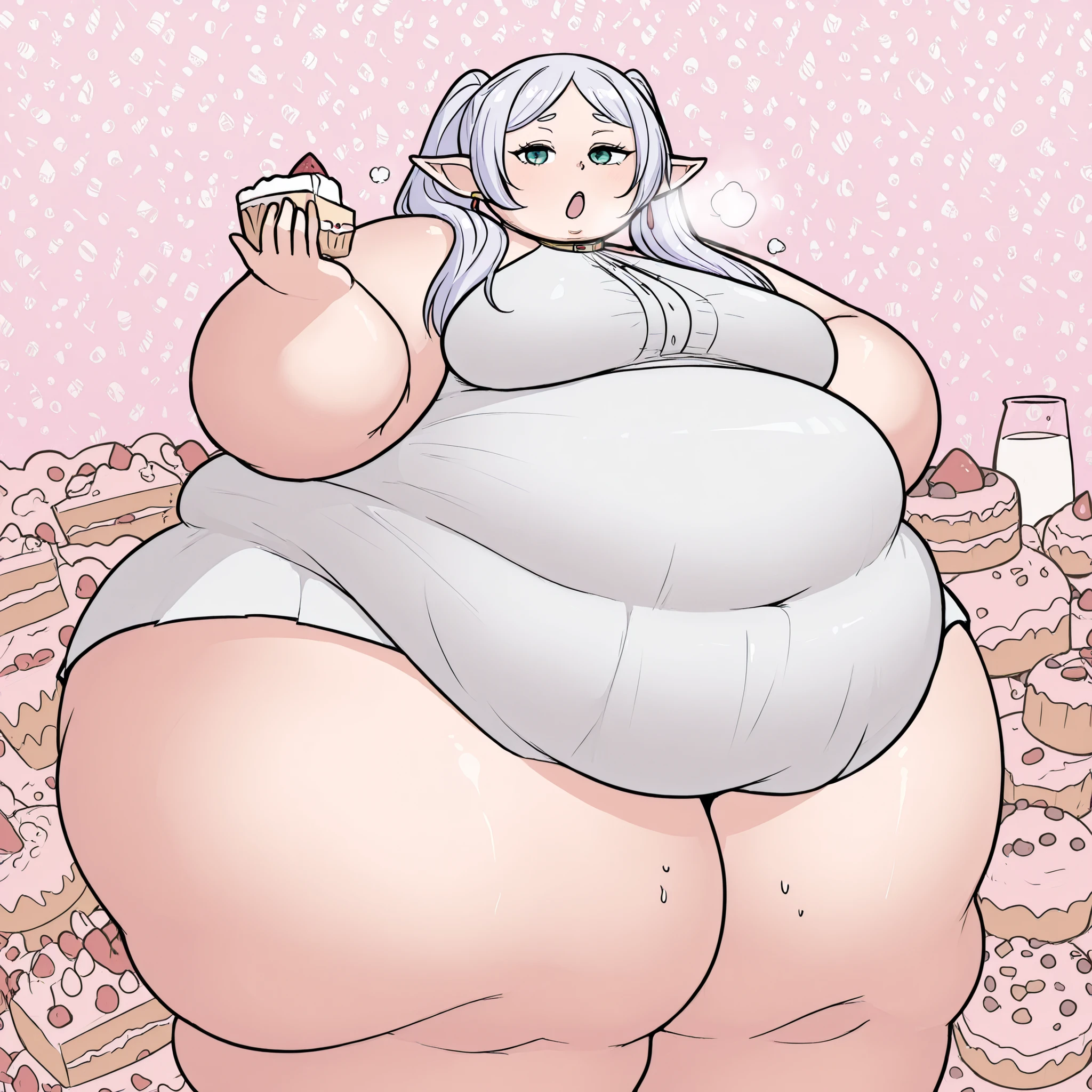 Masterpiece, high quality, best quality, beautiful, HD, perfect lighting, detailed face, detailed body, ((1girl)), ((solo)), small breasts, cleavage, long hair, colored skin, horns, pointy ears, tiefling, light pink hair, green eyes, shily smiling, blushing, tavern dress, green tavern dress, she's in a tavern, a bit dark, candles glowing, stuffed_belly, tight dress, her dress is tight on her waist, very petite chest, small boobs, green clothing, she's eating cake, her face is covered by cake, there is a bit of cake on her cleavage, scrumb on cleavage and face, belly_overhang, fat, fatblob, double_chin, double_belly, immobile, hyper_belly, belly_bigger_than_body, apple_shaped_body