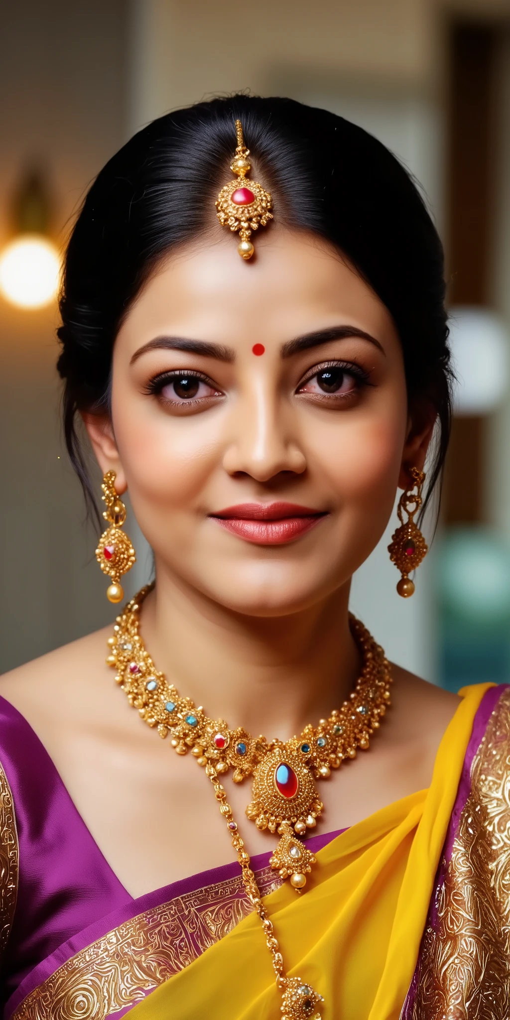a Beautiful woman with detailed expressive olive-green eyes and "A beautiful Indian woman dressed in a traditional Maharashtrian saree. She is wearing a rich yellow and purple silk saree with intricate golden borders. Her jewelry includes multiple layers of gold necklaces, earrings, a nath (nose ring), and bangles. Her hands are adorned with henna (mehendi) designs. Her hair is styled in a neat bun, decorated with fresh jasmine and red flowers. She has a bright smile and expressive eyes, enhanced with traditional makeup, including a red bindi. The background is softly blurred, giving a warm, festive ambiance. The lighting is soft and radiant, emphasizing her elegance and cultural beauty." Ultra realastic,Highly detailed A beautiful girl having mature female uncensored big round boob with nipples in cool light bedroom