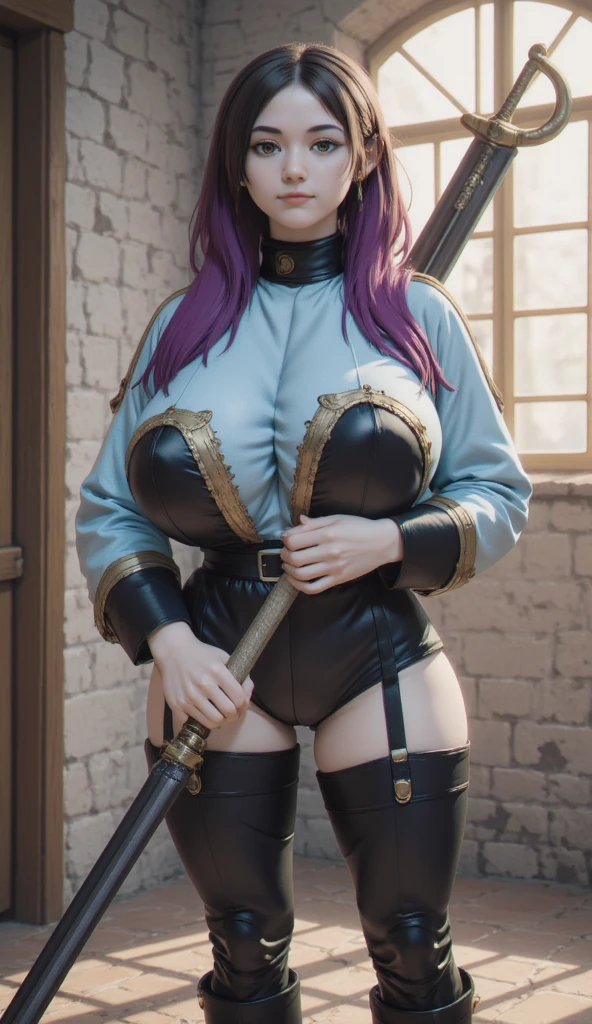 ANIME_Dragonaut_GarnetMclane_ownwaifu,
1girl, long hair, dark skin, breasts, dark-skinned female, purple hair, hair over one eye, large breasts, lipstick, makeup, huge breasts, ponytail, green eyes, navel, lips, thick thighs, light purple hair,
cleavage, midriff, cleavage cutout, clothing cutout, weapon, epaulettes, thighhighs, uniform, military, pants, military uniform,
((masterpiece)),((best quality)),(highres, absurdres), original, official_art, looking at viewer, solo, focused, outdoors, day, cowboy shot,