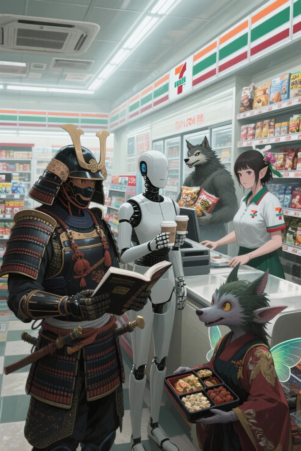 (best quality,8k,highres, masterpiece:1.2).(japanese anime style),ultra-detailed, HDR, UHD, studio lighting, ultra-fine painting, sharp focus, physically-based rendering, extreme detail description, professional, portraits, concept artists, dramatic lighting,Inside a supermarket-style 7-Eleven, the environment is sterile yet hygienic, with products displayed on the shelves. People are lined up at the checkout (a knight is holding a Pepsi, an android is holding coffee, a werewolf is clutching snacks, an elf is carrying a bento), and the cashier is a fairy wearing a 7-Eleven uniform, complete with wings on her back. Outside the window, it is midnight.