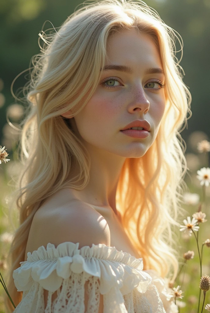 score_9, score_8_up, score_7_up, woman, blonde wild tossled hair, (freckles:1.2) , loving, caring, gentle, delicate, adorable , hair flower, white turtleneck , looking at viewer , outdoors, nature, wind