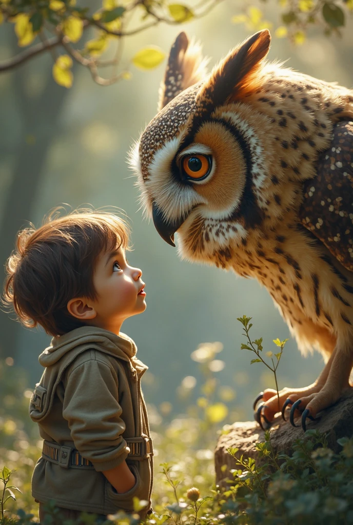 (photorealism:1.2), A close-up of the owl hooting softly, with a gentle smile. The children are leaning in closer, their eyes wide with anticipation.