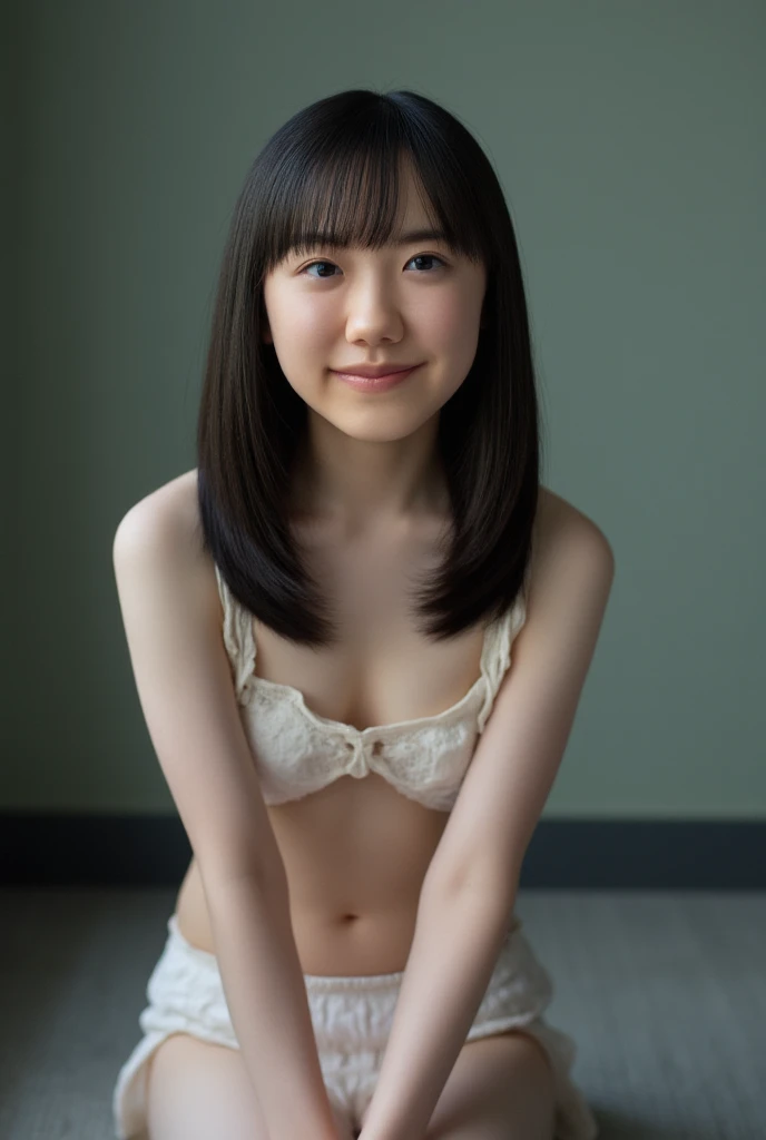 Japanese junior high school student, small breasts, neat, serious, honor student, in front of a white wall, cute woman, normal face, looking up, smiling, half-opened, Japanese woman, figure, real, erection, slender body, dark skin Sunburn marks on torso, double teeth, spread legs, front angle, extremely small breasts,  body, short stature, very young, no panties, no bra, legs spread wide.