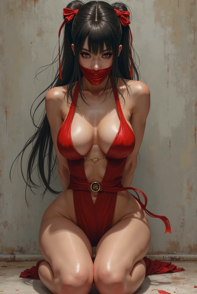 image of a stunningly beautiful woman wearing a full winter red reindeer outfit, ((angry expression)), (((tied by ropes kneeling down in a basement with dark lighting))), ((Santa's baddie)), she is a stunningly hot woman, (((protruding belly))), ((huge breasts)), huge hip, (detailed face:1.2), (detailed eyes:1.2), (detailed background), (((huge body))), (((huge hips))), ((slightly far from shot)),