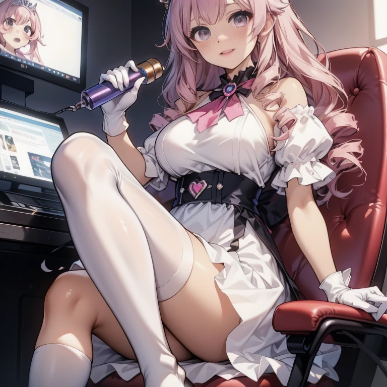 Solo, Delicate Face, Long Eyelashes, Narrow Eyes, (High Ponytail: 1.3), (Red Eye: 1.3), (Pink Hair and White Mesh: 1.2), Big Cleavage, Slim, Tartan Check, Music Room, Angle from Top, Uniform, Light Blue Underwear, Realistic Saxophone, Sweat, Sitting on a Chair, Open Legs, Sheer, Crying, Sticking Out Your Tongue, Open Legs Wide