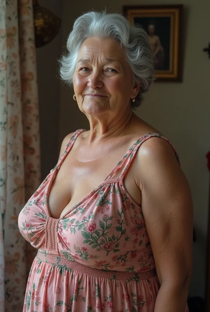 a mature 55 years old woman, Milf, beautiful face, curly short brown hair, visible nipple, glasses, curvy body, wrinkles, aged, necklace, crowded papers room, closeup, barren land, round breasts, breasts about to burst of her clothing, full body, high heels, curvy body, long and loose floral dress, ultra-detailed skin, age marks and wrinkles