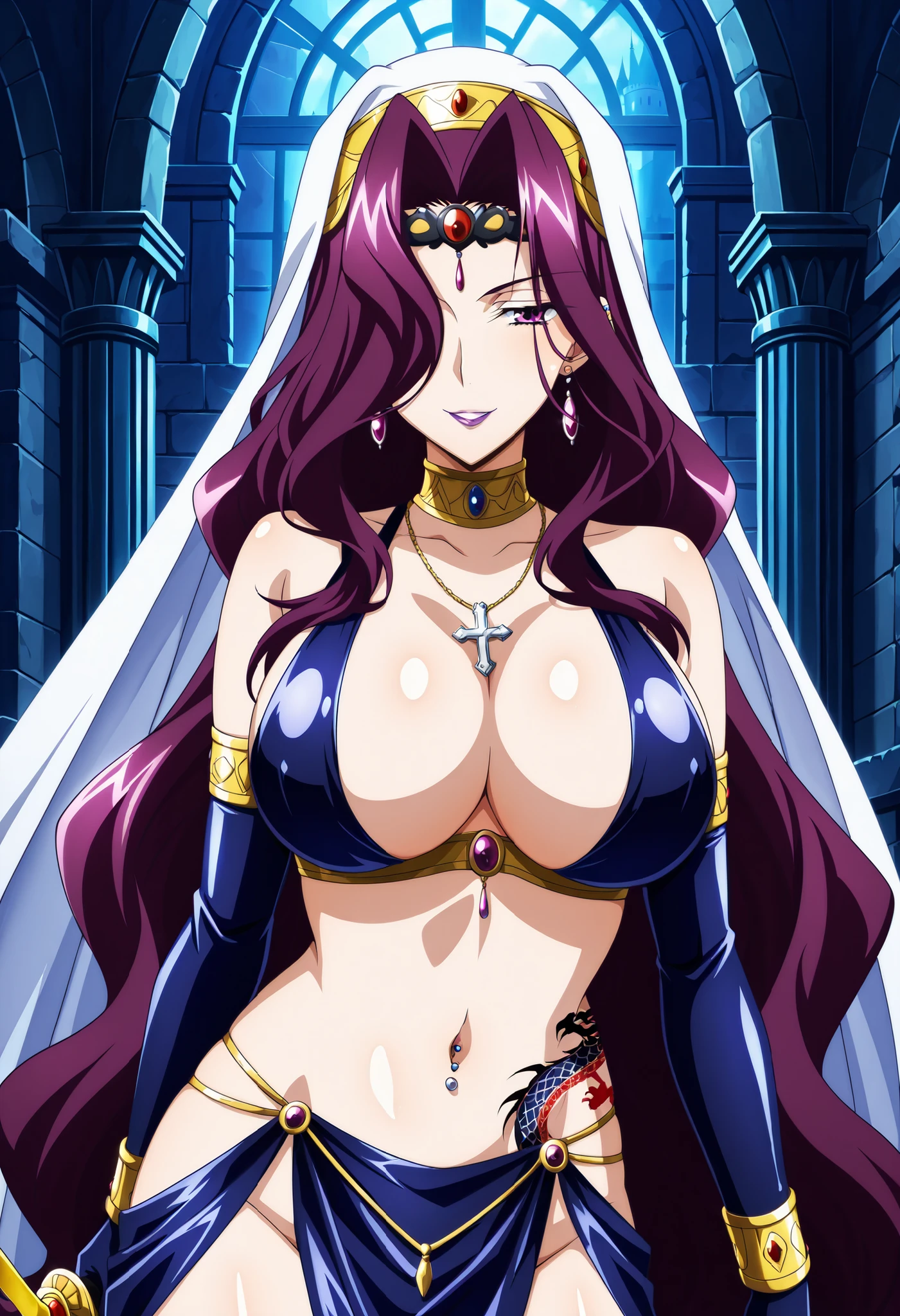 a close up of a woman in a purple dress with a crown on her head, shalltear from overlord, band of gold round his breasts, oppai, flirty anime witch casting magic, mighty plump female sorceress, anime goddess, the empress’ hanging, juri misaki, seductive anime girl, from overlord, misato katsuragi