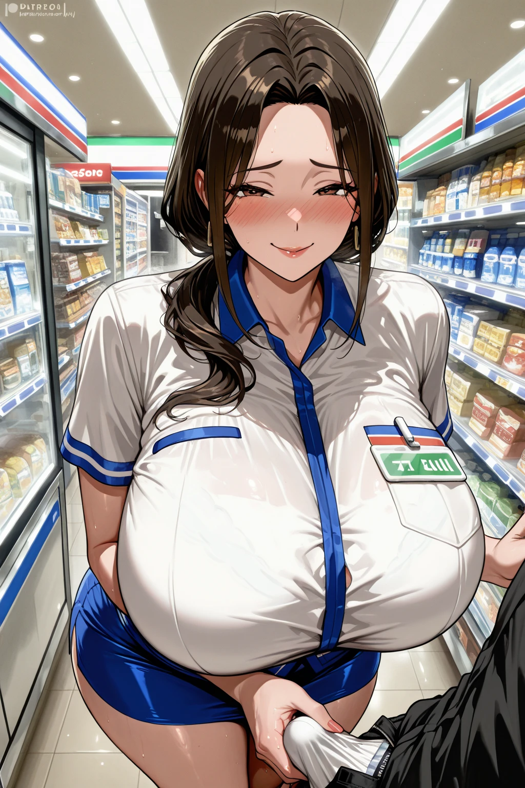 Score_9, score_8_up, score_7_up, score_6_up, score_5_up, score_4_up, source_anime, 1girl, cute girl, young female, saleswoman costume, sleeveless, French twist updo hair, sagging gigantic huge biggest breasts, wide hips, thick thighs, huge areolae, areola slip, dark nipple, dark areolae, detailed eyes, embarrassing, bukkake, head tilt, hairy, showing armpit, hairy armpit hair, sperm, Japanese, hentai, penis, sweating, heart mark words, dirty atmosphere, in store, cashier counter, servicing, ???????, ass, bukkake, smelly, dirty atmosphere, cum shot, grabbing ass, sex, raping, brown hair, looking away, back view, side view