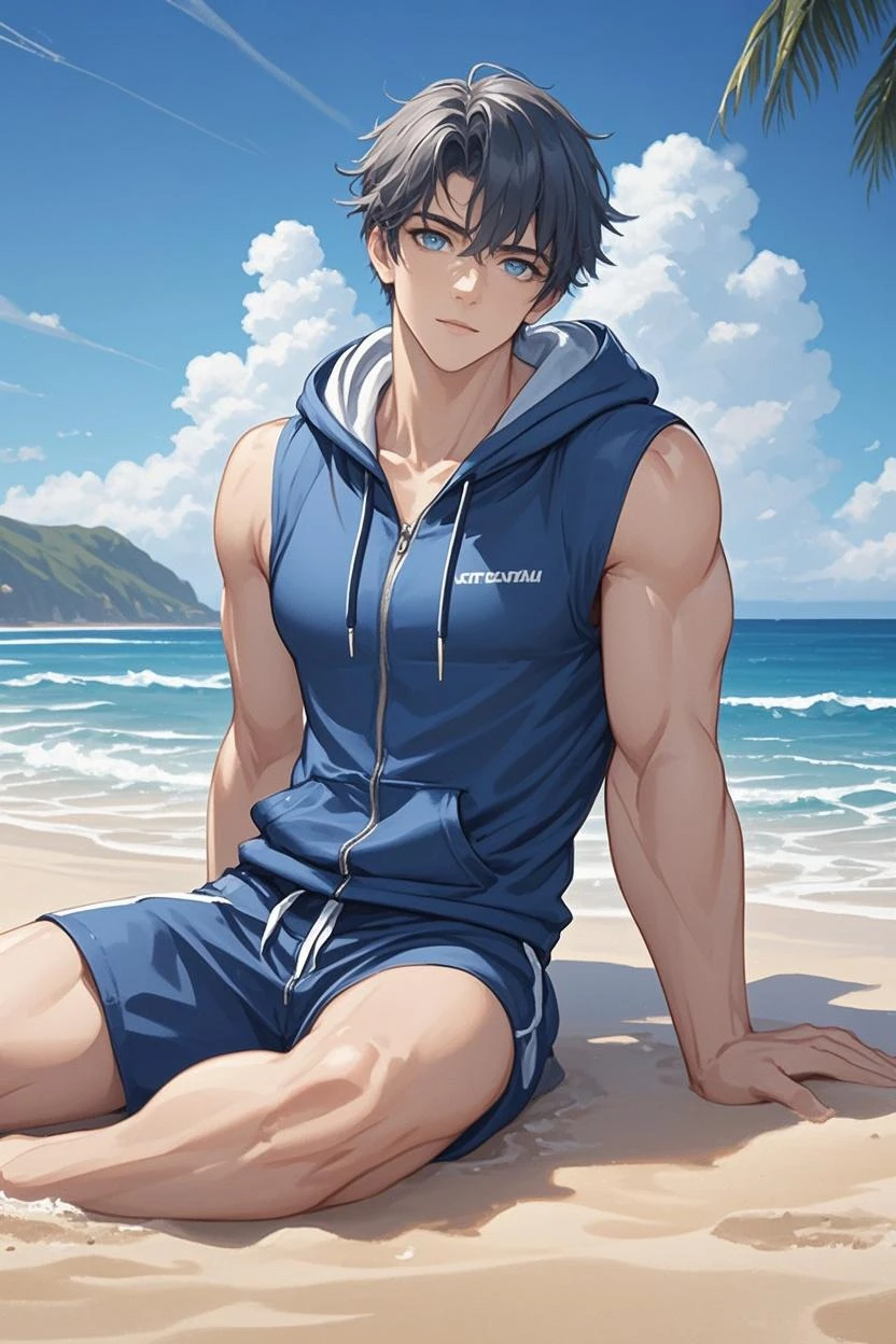 Anime for boys, masterpiece, best quality, super detail, illustration (1 male), full body photo, standing. Beautiful and detailed eyes, looking at the audience, close-up (chest focus), short blue hair, shyness, cat ears, chest pumping, beach in background, swimming trunks, simulation style, realistic, award-winning photos, (symmetrical highly detailed eyes, fantastic eyes, complex eyes: 1.1), detailed background, full body, wide angle, high-value handsome boy whole body shot, male star. Latex clothes, 2boy, delicate light and shadow, white skin, super long legs, wide shoulders, muscular veins, slender feet, black basketball socks design, no shoes, sports vest, solo x1.5, poor expression, male star, 190cm height: 1.2, proportionally larger legs, fitness movements, full body shot. black hair, hair bobbles, wince, longeyelashes, solid circle eyes, fake animal ears, light smile, ear blush, fang, Surrealism, drop shadow, anaglyph, stereogram, tachi-e, pov, atmospheric perspective, 8k, super detail, ccurate, best quality