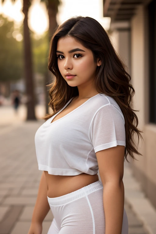 Close-up de uma linda jovem morena latina pes no chau com longos cabelos pretos, rosto oval e olhos castanhos escuros, vestindo uma blusa de malha canelada justa e shorts jeans justos, parado em um canteiro de obras de casa, lindamente iluminado, dramatic composition, epic scale, feeling of admiration, ultra-high resolution.Fotorrealista:.1.4, (pele altamente detalhada:1.2), 8k HD, dslr, alta qualidade, film grain, Fujifilm XT3