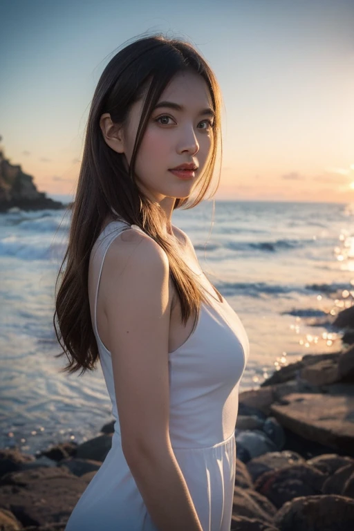 Highest quality, figure, Very detailed, In detail, High resolution, 8k wallpaper, Perfect dynamic composition, Beautiful attention to detail , Beach, Sexy Face,A face of ecstasy,The face at the peak of sexual arousal,Woman's face ,Beautiful feet,Huge boobs