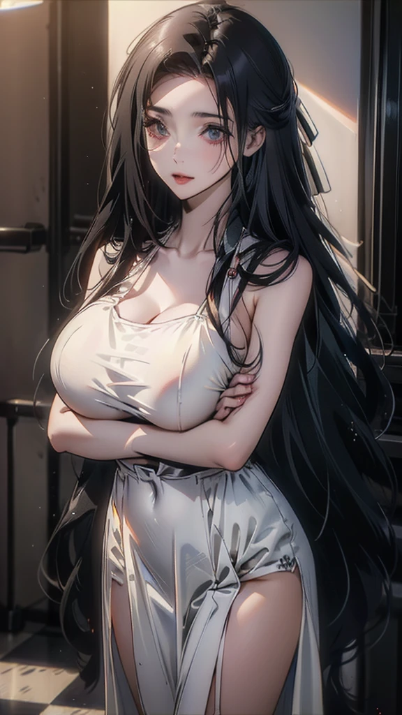 (solo), older looking woman, black hair, messy hair, mane hair, long hair, dense hair, wild hair, expressive hair, mature,(25 year old), pale skin, blue eyes, ((woman)), beautiful girl, cheeky, wearing a white suit, with rolled up sleeves, open shirt, huge breast, medium ass, black pants, sword, beautiful, giant smile, crazy, attractive, eye reflection, depth of field, thunder aura,cinematic lighting, ray tracing, depth of field, cinematic lighting, ray tracing, UHD, high details, best quality, highres, high quality, award winning, super detail, masterpiece, 8k, UHD, high details, best quality, highres, high quality, award winning, super detail, masterpiece, 8k, digital art, anime coloring, body shot, good face, perfect face, detailed face, good eyes. in Space, stars and planets