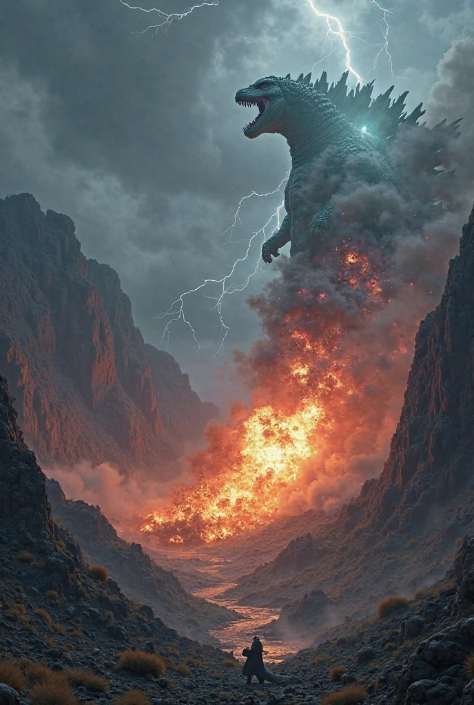 A dragon caught in a volcanic eruption in the sky。