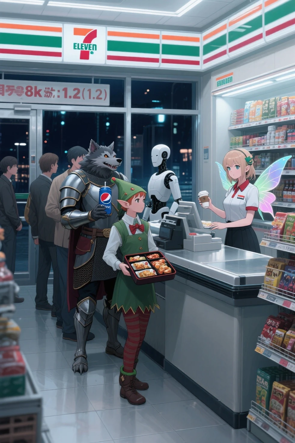 (best quality,8k,highres, masterpiece:1.2).(japanese anime style),ultra-detailed, HDR, UHD, studio lighting, ultra-fine painting, sharp focus, physically-based rendering, extreme detail description, professional, portraits, concept artists, dramatic lighting,Inside a supermarket-style 7-Eleven, the environment is sterile yet hygienic, with products displayed on the shelves. People are lined up at the checkout (a knight is holding a Pepsi, an android is holding coffee, a werewolf is clutching snacks, an elf is carrying a bento), and the cashier is a fairy wearing a 7-Eleven uniform, complete with wings on her back. Outside the window, it is midnight.