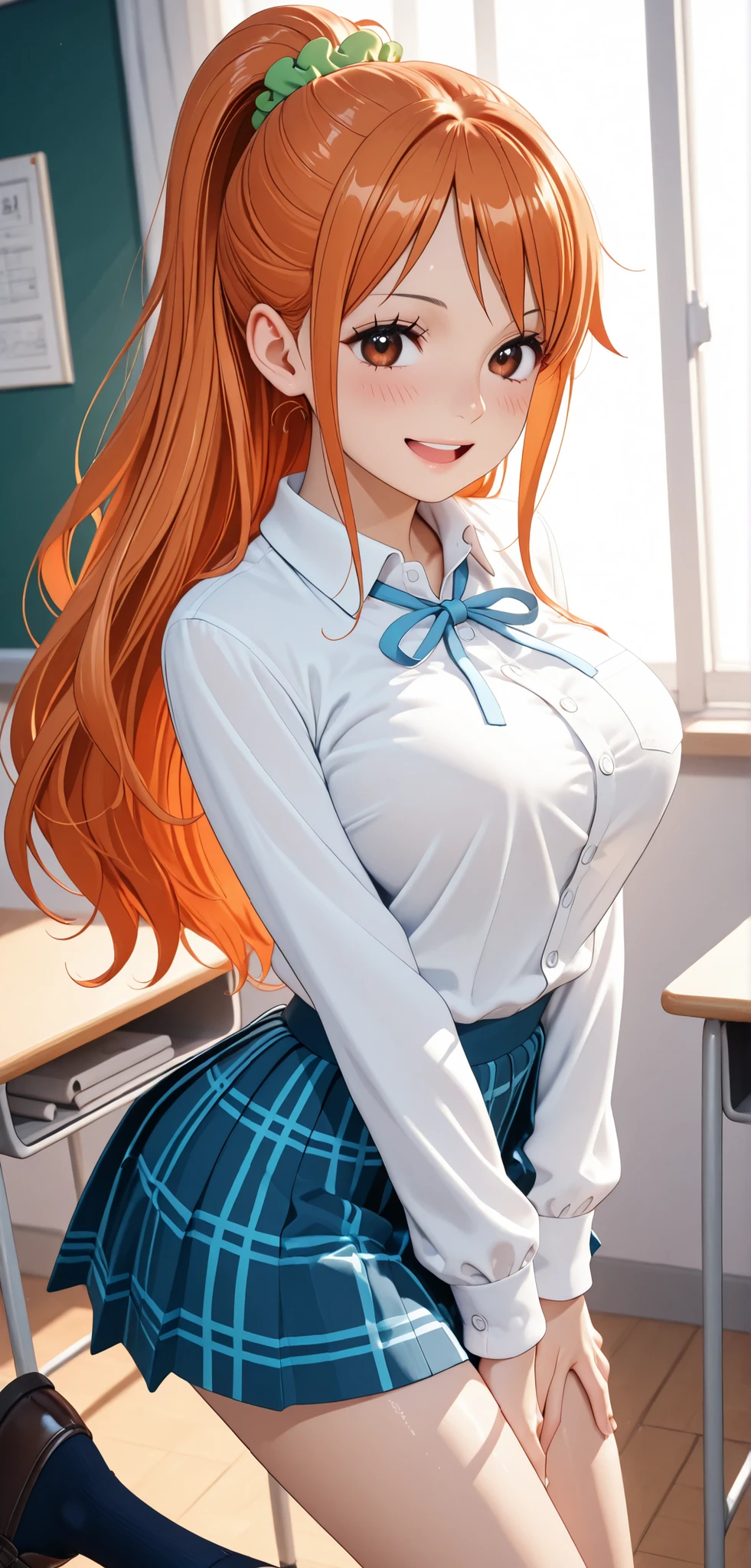 perfect eyes:1.2, detailed eyes:1.4, smile, Inoueschool, long hair, hair ornament, grey eyes, orange hair, large breasts, brown eyes, school uniform, blazer, grey blazer, shirt, pleated skirt, grey skirt, collared shirt, cowboy shot, 1girl, solo, (masterpiece:1.6, best quality), 8k, insane details, intricate details, hyperdetailed, hyper quality, high detail, ultra detailed, professional, HDR, ray tracing reflection, cinematic lighting,
