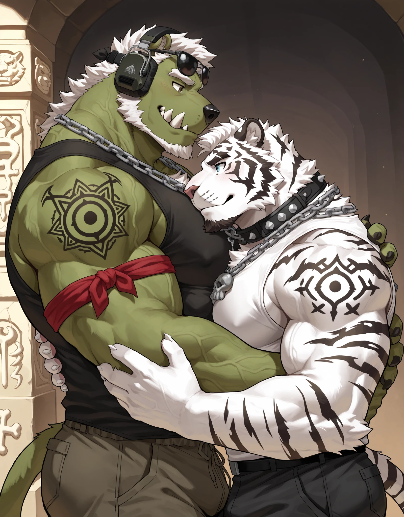 two muscular tiger , furry chest, muscular green tiger hug muscular tiger back, muscular green tiger stand behind, hug from behind, white background, perfect hand, perfect antomy, thick furry neck and chest fluff, handhold cup of coffee, kiss, hand into jock, side view, jock, having sex, by lindong, by nullghost