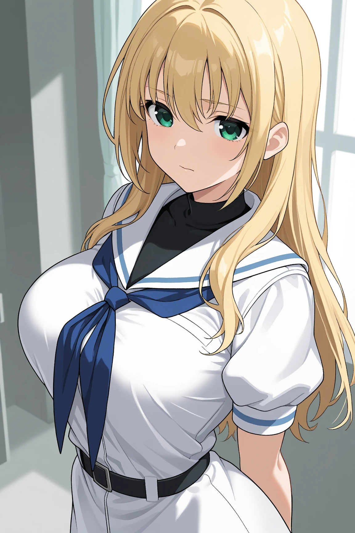 blonde hair, blue eyes,long hair,parted bangs,
BREAK (serafuku, bare shoulders, dress, sleeveless, collarbone, bag, handbag, scrunchie, sleeveless dress:1.2)
BREAK cowboy shot, light smile, arm behind back,
BREAK Simple White Background,
BREAK (masterpiece:1.2), best quality, high resolution, unity 8k wallpaper, (illustration:0.8), (beautiful detailed eyes:1.6), extremely detailed face, perfect lighting, extremely detailed CG, (perfect hands, perfect anatomy),