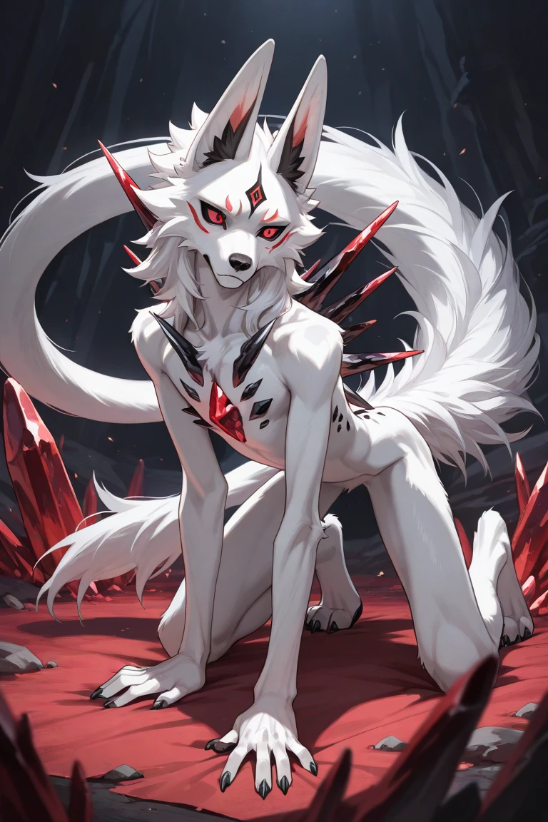 Masterpiece, correct anatomy, White Arctic fox, all white fur, solo teenager, young, young face, red eyes, without clothes, full naked, medium strong body, blood fire aura, red katana in hands, forest background
