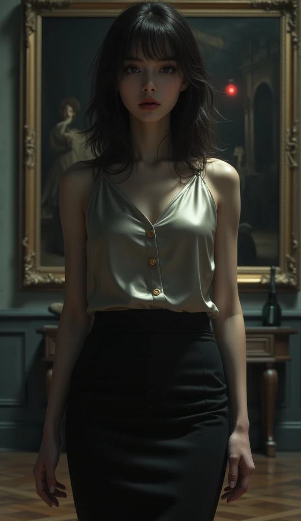 ((Best quality)), ((masterpiece)), (highly detailed:1.3), a woman in white top, black skirt short black hair, green eyes,