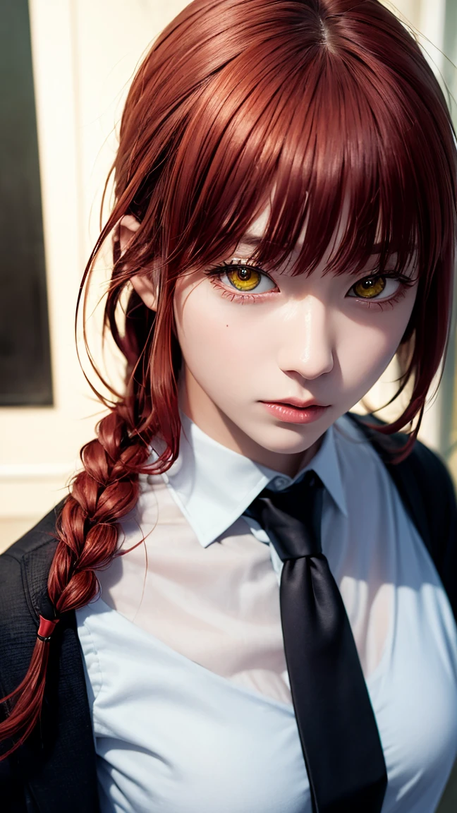 masterpiece, (photorealistic:1.4), best quality, beautiful lighting,
(ulzzang-6500:0.5), makima \(chainsaw man\), (red hair)+(long braided hair)+(bangs), yellow eyes, golden eyes, ((ringed eyes)), (white shirt), (necktie),
RAW photo, 8k uhd, film grain