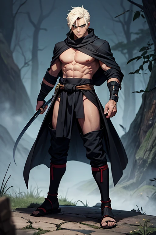 A full body picture of a armored shadow ninja with a dark sword from mortal Kombat
