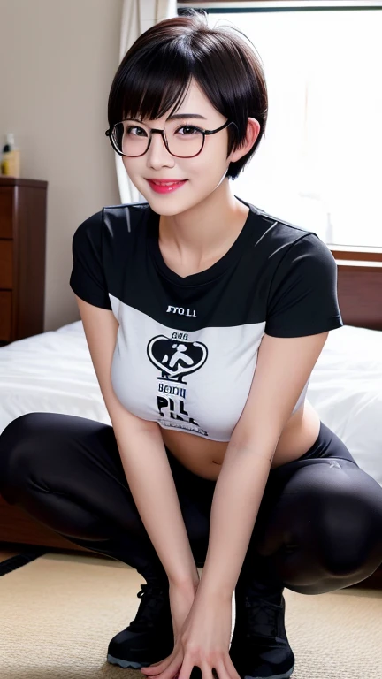 (masterpiece, Highest quality, It captures a very cute moment, Depth of written boundary, Super detailed, Ultra-high resolution, C4D, Octadale, 3D Modeling,Realistic human photos、 8K, 16K, One Girl,Middle school students, Small breasts,Black Hair,short hair,Straight Hair,Light brown eyes,White headband,Wearing black glasses,Cute face), Bloomers, Black tank top, zettai ryouiki, Wet clothes,Classroom Nights,Moonlight, Good elevator, Take off、Real-life skin、Not an anime、Realistic、Not an illustration