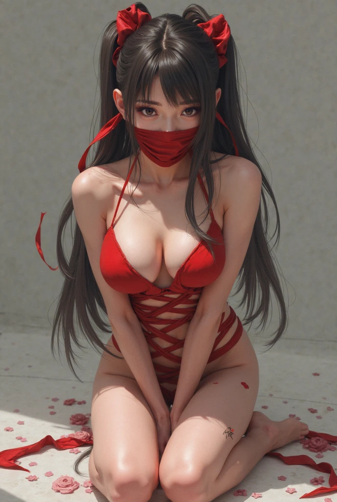 8K, Ultra High Definition, Super detailed, Shiny detailed hair, detailed face, fantasy landscape, solo, looking at viewer, {{best quality}}, {{masterpiece}}, {{ultra-detailed}}, {detailed light}, ultra high quality eyes, detailed eyes, perfect eyes, large eyes, detailed red eyes, white hair, long hair, beautiful, skinny body, white skin, slutty, erotic, blushing, open mouth, ahegao, ((sexy tattoo)), ((large gift ribbon covering the body)), standing in suggestive pose, nsfw