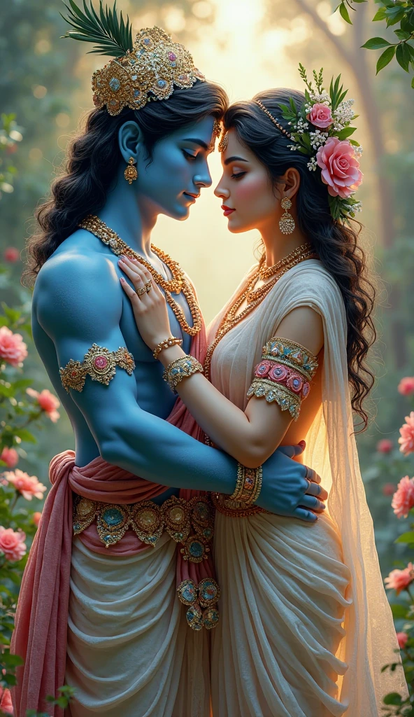 Krishna with a blue color hugging a small girl