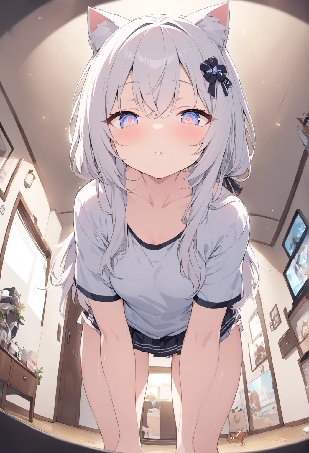 sitting at a cafe、Coffee and pancakes on the table、(watercolor,tegaki:1.4),(soft pastel colors:1.3),( blue eyes:1.1),BREAK,,(pastel white color palette:1.3),(pastel  tank top:1.4),(mini skirt:1.3),(music score:1.1)、kawaii、rough toutch、Detailed expression、(Teenage Girls、Beautiful eyes、Blue Eyes、Gray Hair、Curly Hair、slender、Small breasts、 legs、Inner thighs、Beautiful Skin、Perfect fingertips、8 heads、look away、during、Lolicon)、ponytail