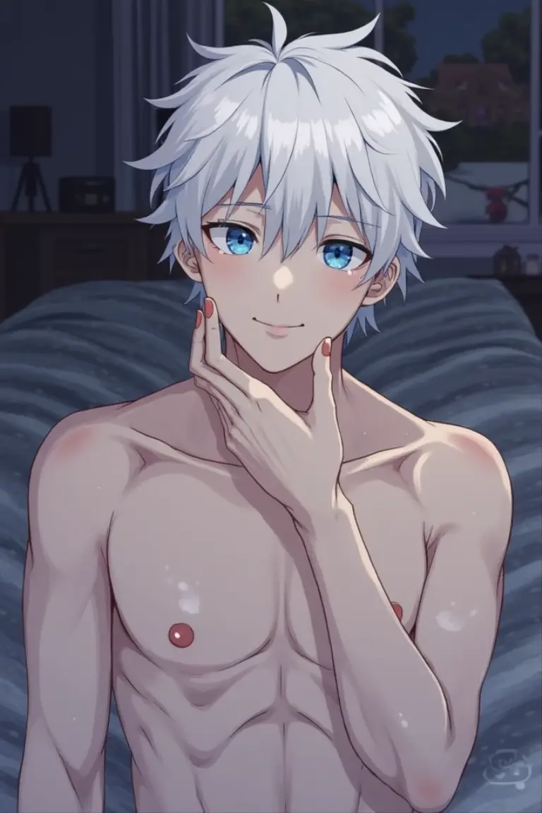 1boy, glowing, sidelighting, wallpaper,masterpiece, best quality, high quality,10yo,  male focus, full body, looking at viewer, white hair,spiky hairstyle, short hair, steam smork, japan style, anime coloring, shy, home muji style, detailed face, topless, white towel on waist,white silk, on bathtub