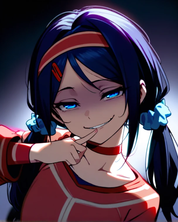 (masterpiece, best quality, high score, great score), absurdres, 1girl, mita \(miside\), miside, blue eyes, low twintails, red hairband, blue scrunchie, red hairclip, red choker, finger to mouth, beautiful finger, partially shaded face, head tilt, gesugao, smirk, upper body, dark background, dark