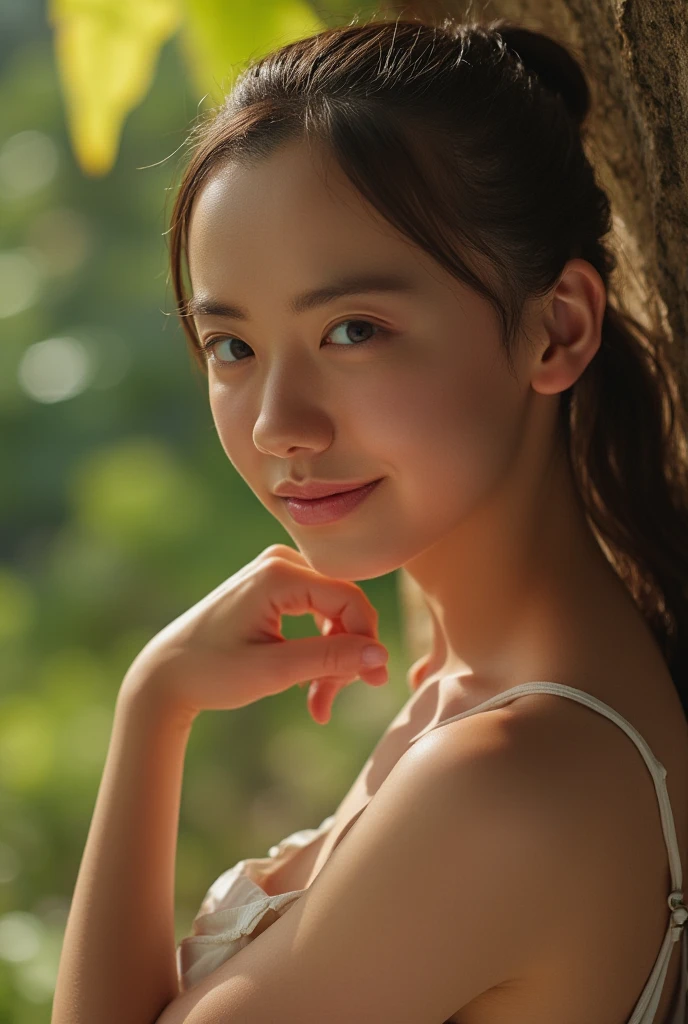 ((最high quality, 8k, masterpiece: 1.3)), (close:0.75), Realistic, Sharp focus, high quality, High resolution,   Japanese women、18-year-old、Idol face、Chubby body type、Her breasts are huge, measuring 40 inches. ｛Floral patterned underwear｝, ((Very strong sunlight)), smile, Brown hair ponytail,Looking at the camera from the shade of a tree with eyes and mouth closed、Upper body image、smileのアップ8K画像、