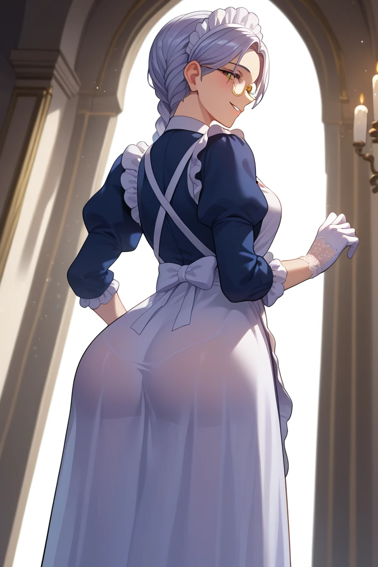 Sakuya Izayoi, very tall, high heels, looking at viewer, masterpiece, absurdres, high res, ultrasharp, looking at viewer, mansion, big breasts, big butt, maid dress