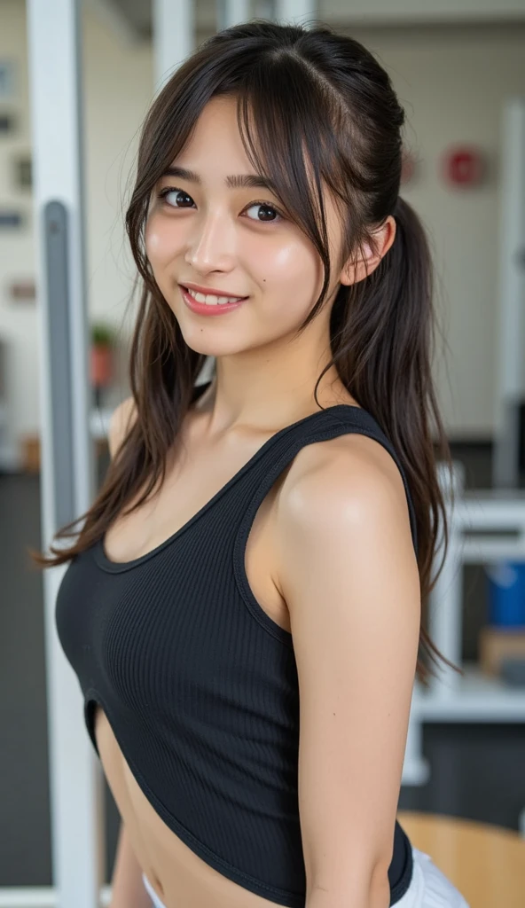 Lens 135mm f1.8, (highest quality),(RAW photo), , (Beautiful 16 year old Japanese girl), cute face, (deeply carved face:0.7), (freckles:0.6), ,dramatic , (japanese school (croptop) dark_purple_color tanktop), (inside the school), shy, low twintails, , (smile),, (sparkling eyes)、standing,