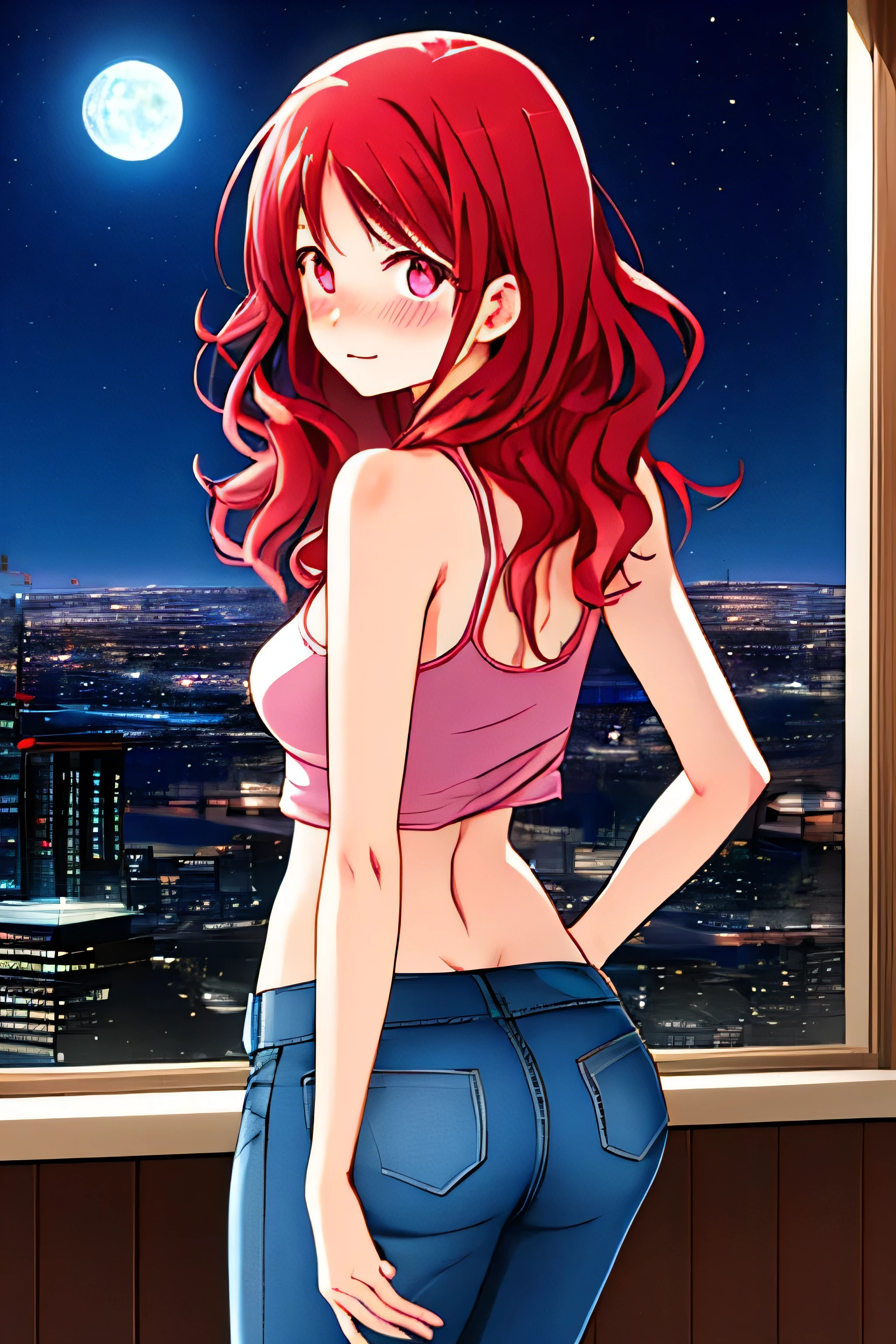 seen from behind, Portrait of a very thin anime girl with pink eyes, red hair, middle part hairstyle, wavy hair, Long hair, fragile and delicate body , cintura delgada, ABDOMEN PLANO, thin legs, small and natural breasts (Cup A), red tank top, short jeans , blushed expression, SOFT SMILE, cute face, Weight: 45 kilos, height: 154 cm , good proportions, on the roof of a building, night sky, background city, lunar light, anime-style, ultra detailed